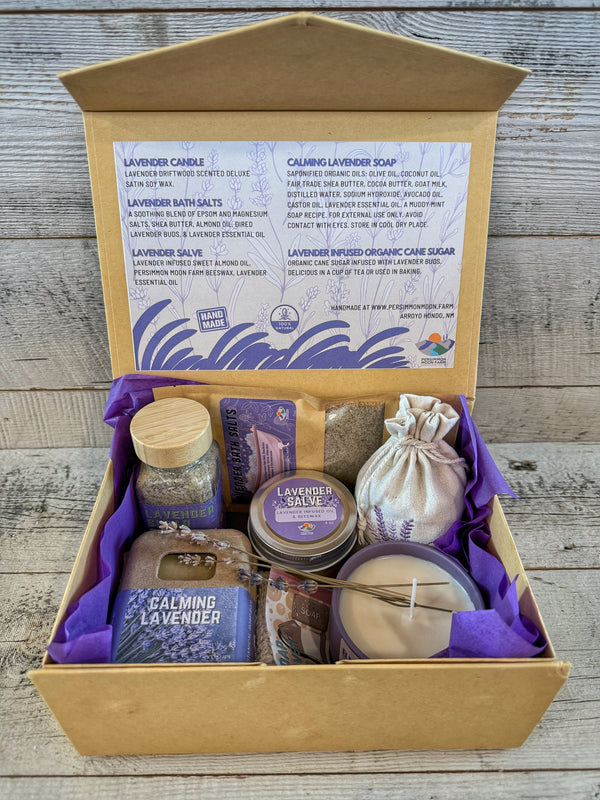 Persimmon Moon Farm Lavender Bliss Gift Box Contents Lavender Salve, Soap, Candle, Sugar, Bath Salts Sachet