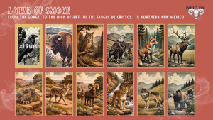 Collection of illustrations of animals and landscapes on a red background with text about Northern New Mexico. Ember & Bone.