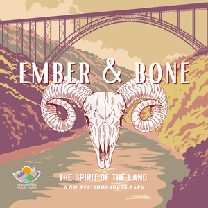 Cover of 'Ember & Bone' with a ram skull design and bridge in the background.