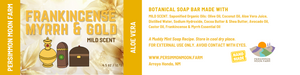 Soap label  Frankincense Myrrh & Gold soap bar with branding and product details.