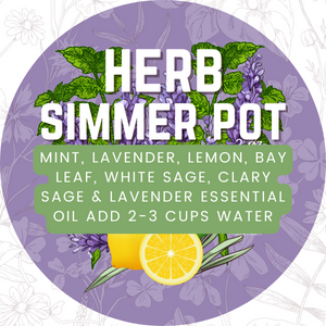 Round label for 'Herb Simmer Pot' with herbs and essential oils on a purple background