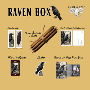 Promotional graphic for 'Raven Box' by Ember & Bone with various items on a beige background.