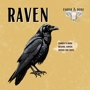 Illustration of a raven on a beige background with text and logo.