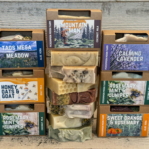 Persimmon Moon Farm Summer Soaps Taos Mesa Meadow Mountain Man Calming Lavender Honey Oats & Goat Rosemary Mint & Juniper Sweet Orange & Rosemary